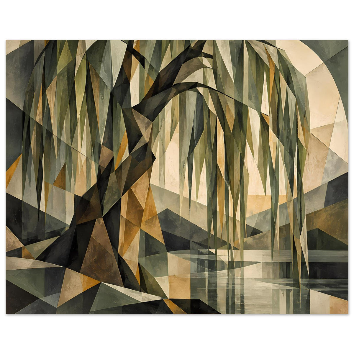 Geometrisches Poster mit stilisiertem Baum aus Dreiecksflächen in Grün, Beige und Dunkelbraun