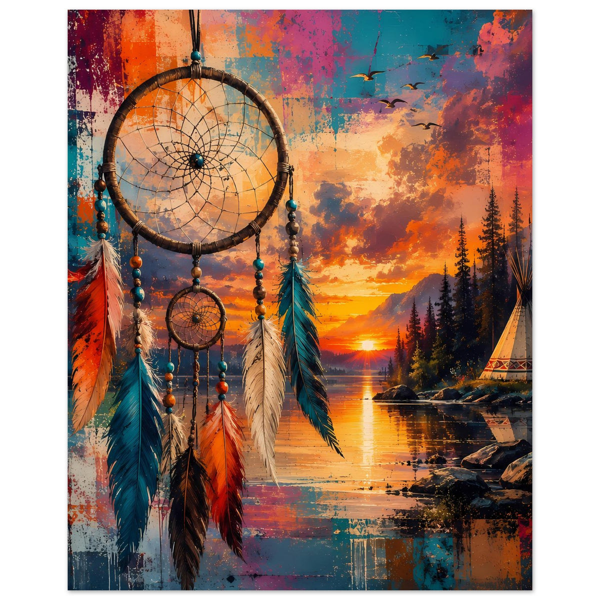 Buntes Traumfänger-Poster mit großen Federn vorn und Sonnenuntergang über dem See