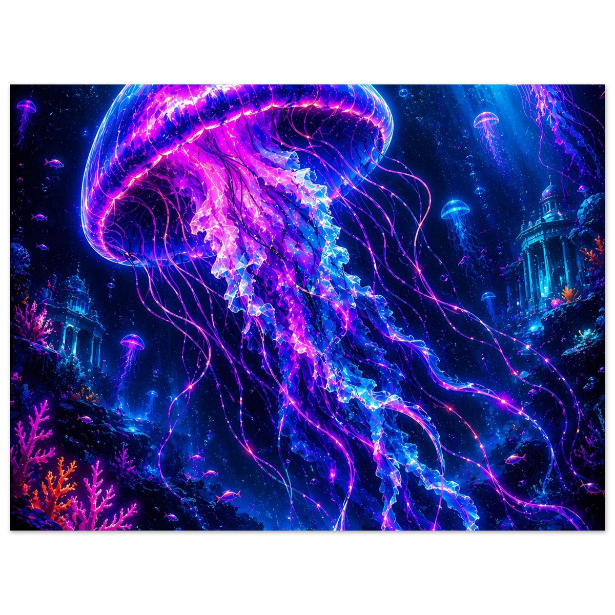 Poster mit leuchtender Qualle, intensive Neonfarben in Blau und Violett, feine Tentakel