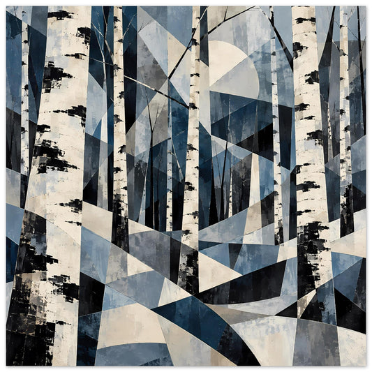 Abstraktes Naturposter mit geometrischem Birkenwald-Motiv in Blau, schwarze und helle Flächen
