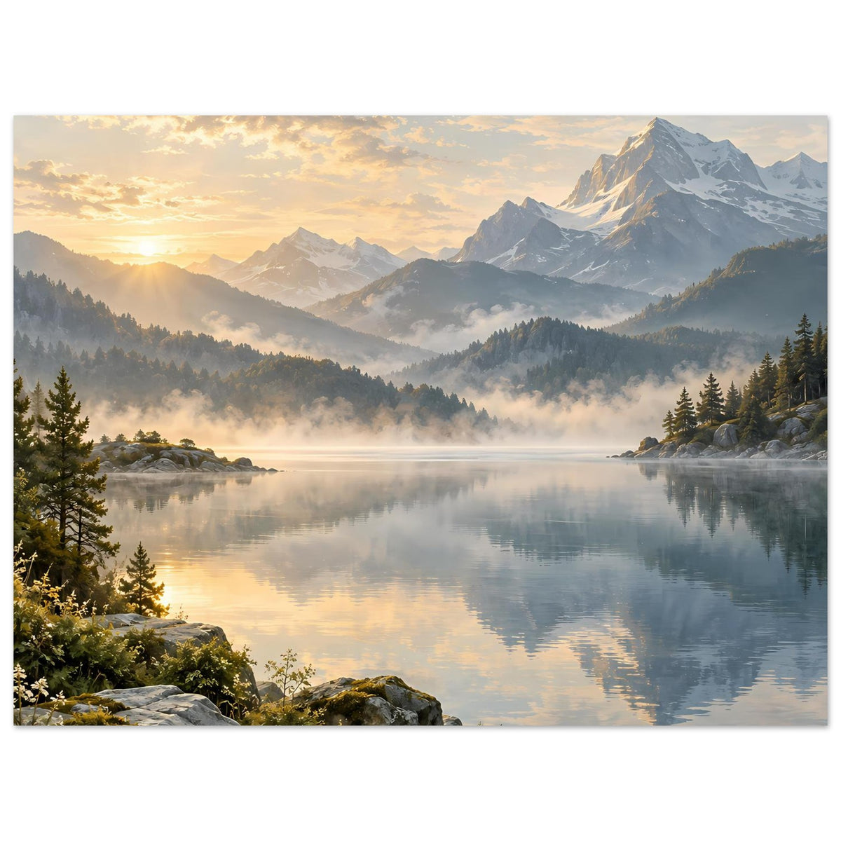 Landschaftsposter im Querformat: Sonnenaufgang über Bergsee, Nebel in den Tälern.