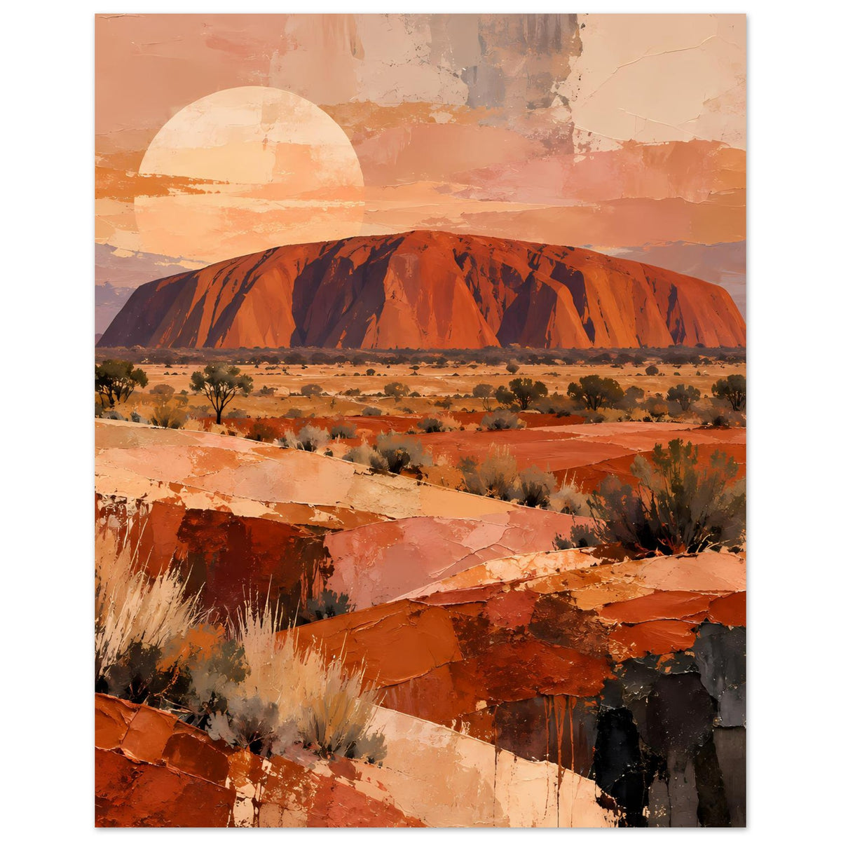 Uluru-Landschaftsposter (Hochformat): großer roter Felsberg, trockene Vegetation, Halbsonne.
