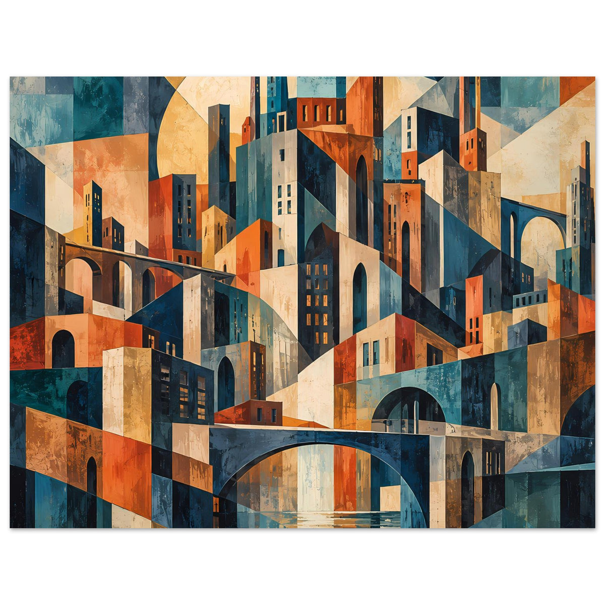 Geometrisches Stadtpanorama-Poster im Querformat mit Skyline, Brücke und Farbfeldern