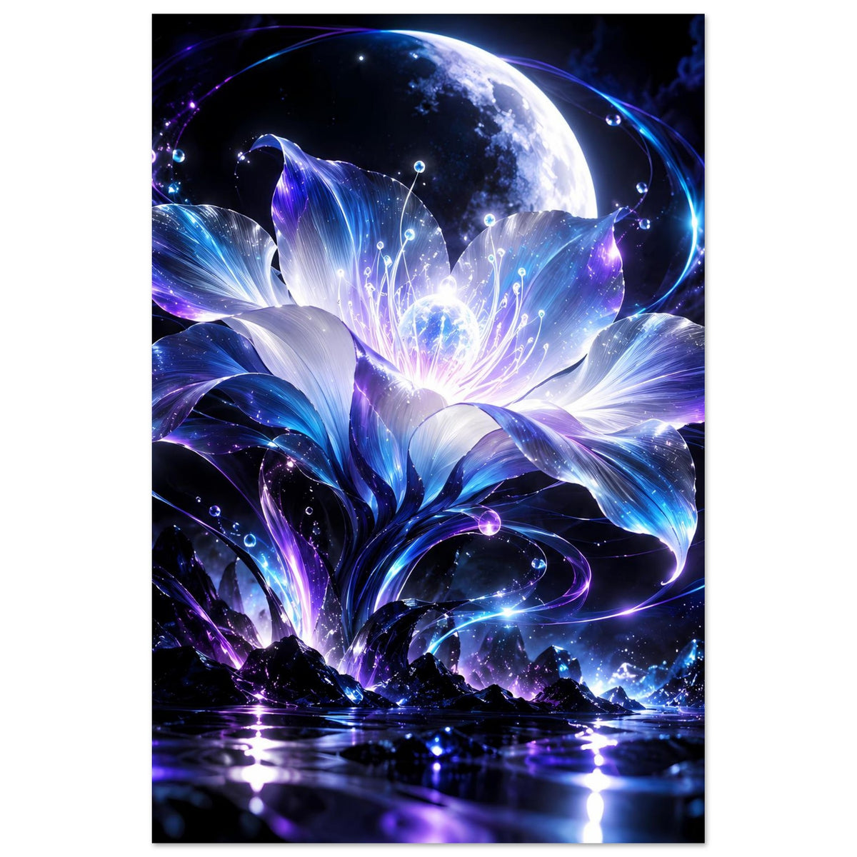 Hochformatiges Poster mit leuchtender Mondsichel, Fantasy-Blüten und Wasserreflexion in Blau-Violett