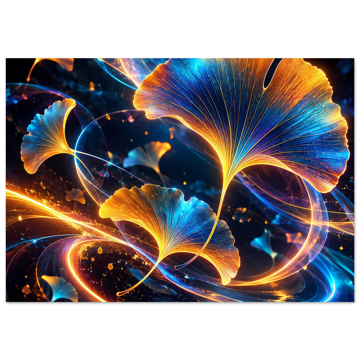 Botanisches Poster im Querformat mit leuchtenden Ginkgo-Blättern, blauen und goldenen Linien
