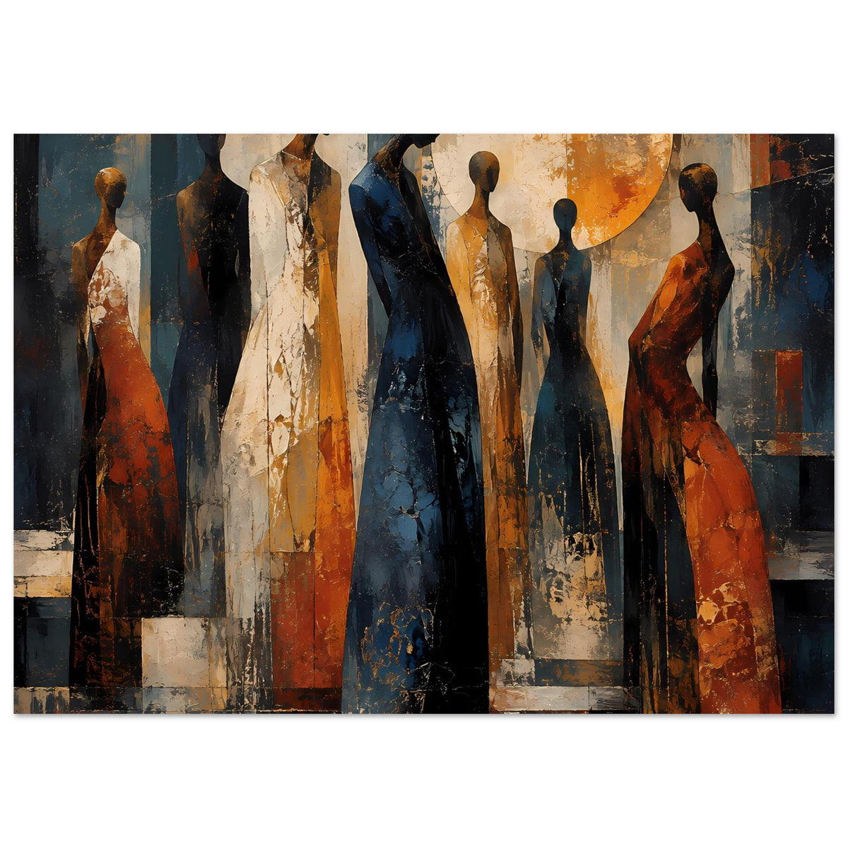 Poster mit abstrakten stehenden Figuren in warmen Orange- und Blautönen, großer Kreis