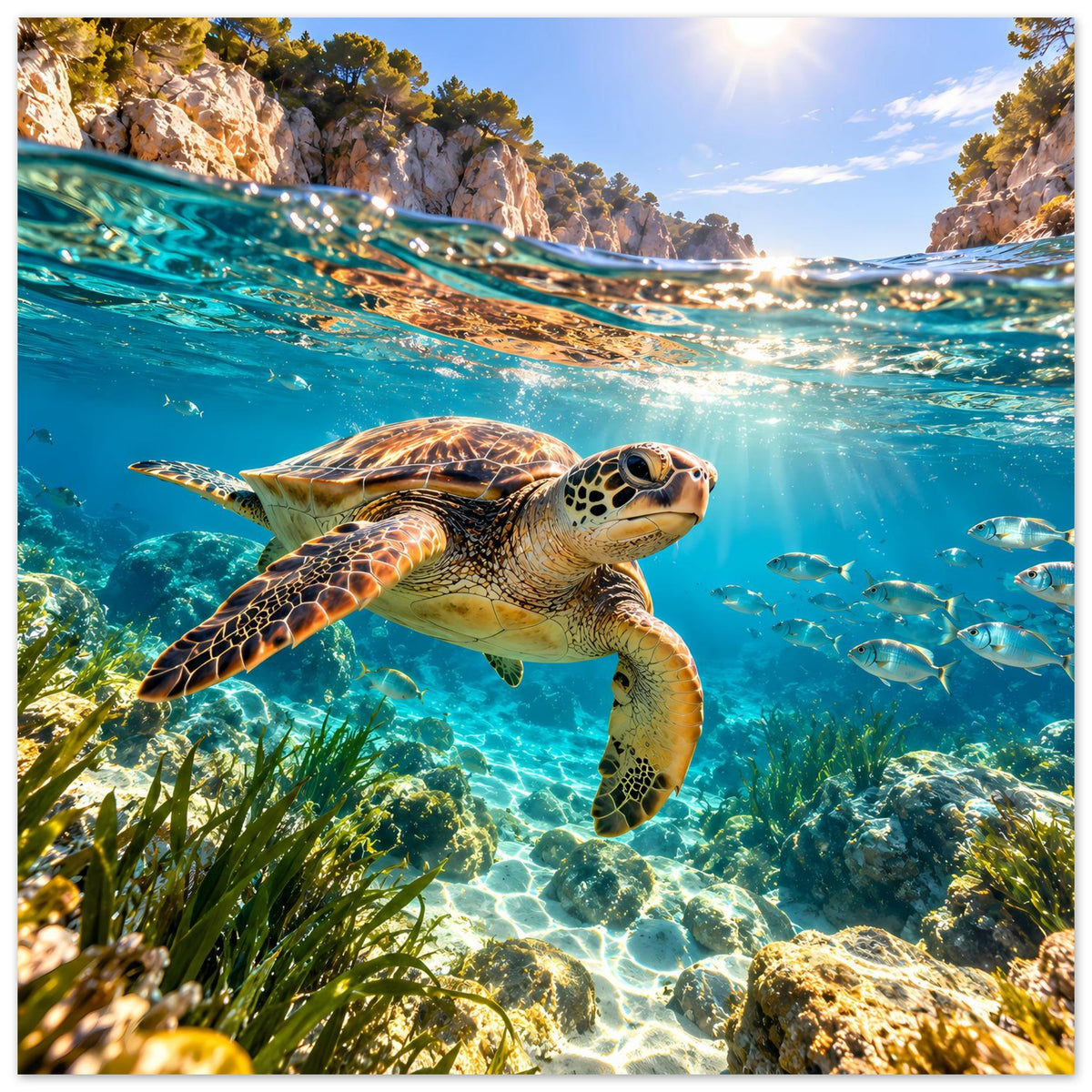 Meeresschildkröten-Poster: Schildkröte im blauen Meer mit Fischen und Wasseroberflächen-Glanz