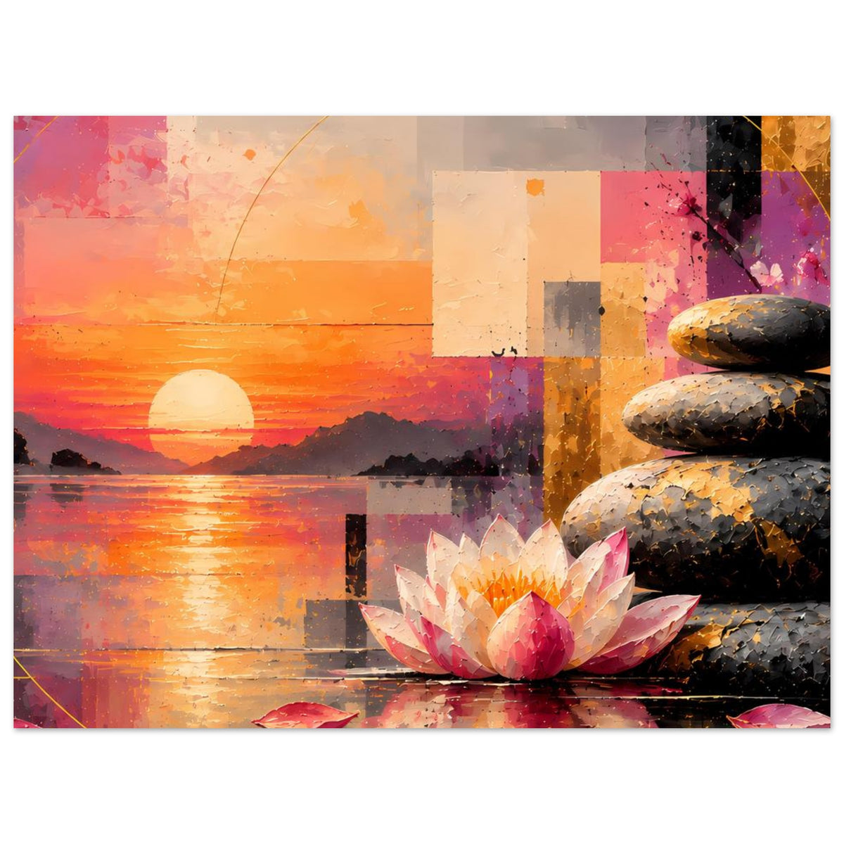 Horizontales Poster mit Lotusblüte, gestapelten Steinen und Sonnenuntergang in kräftigen Farben