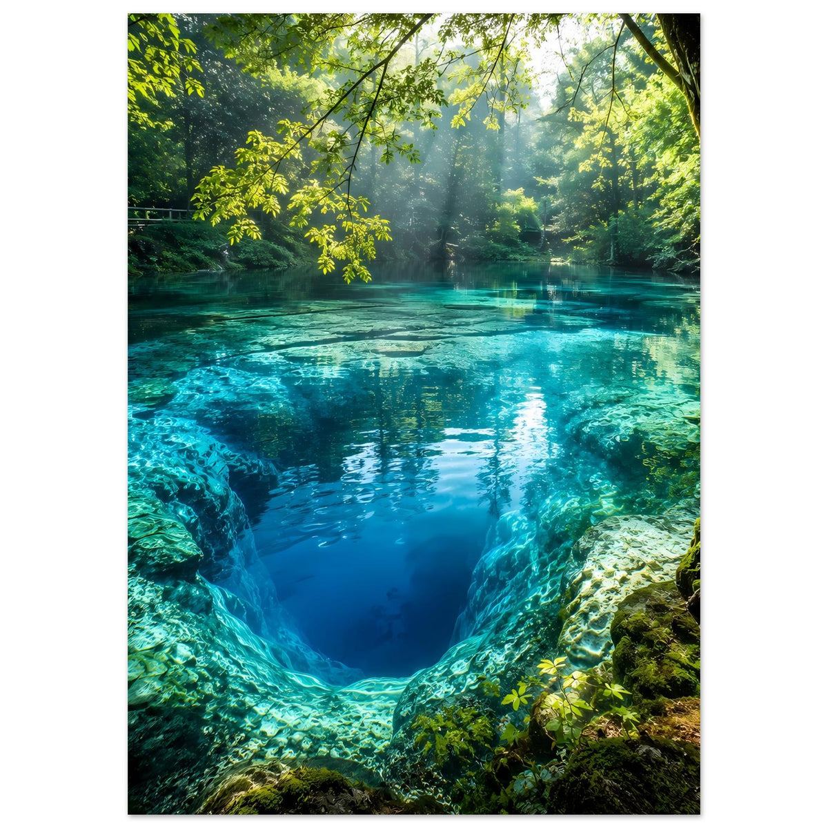 Wandposter im Hochformat mit türkisblauem Wasser, Felsmulde und grüner Vegetation am Rand