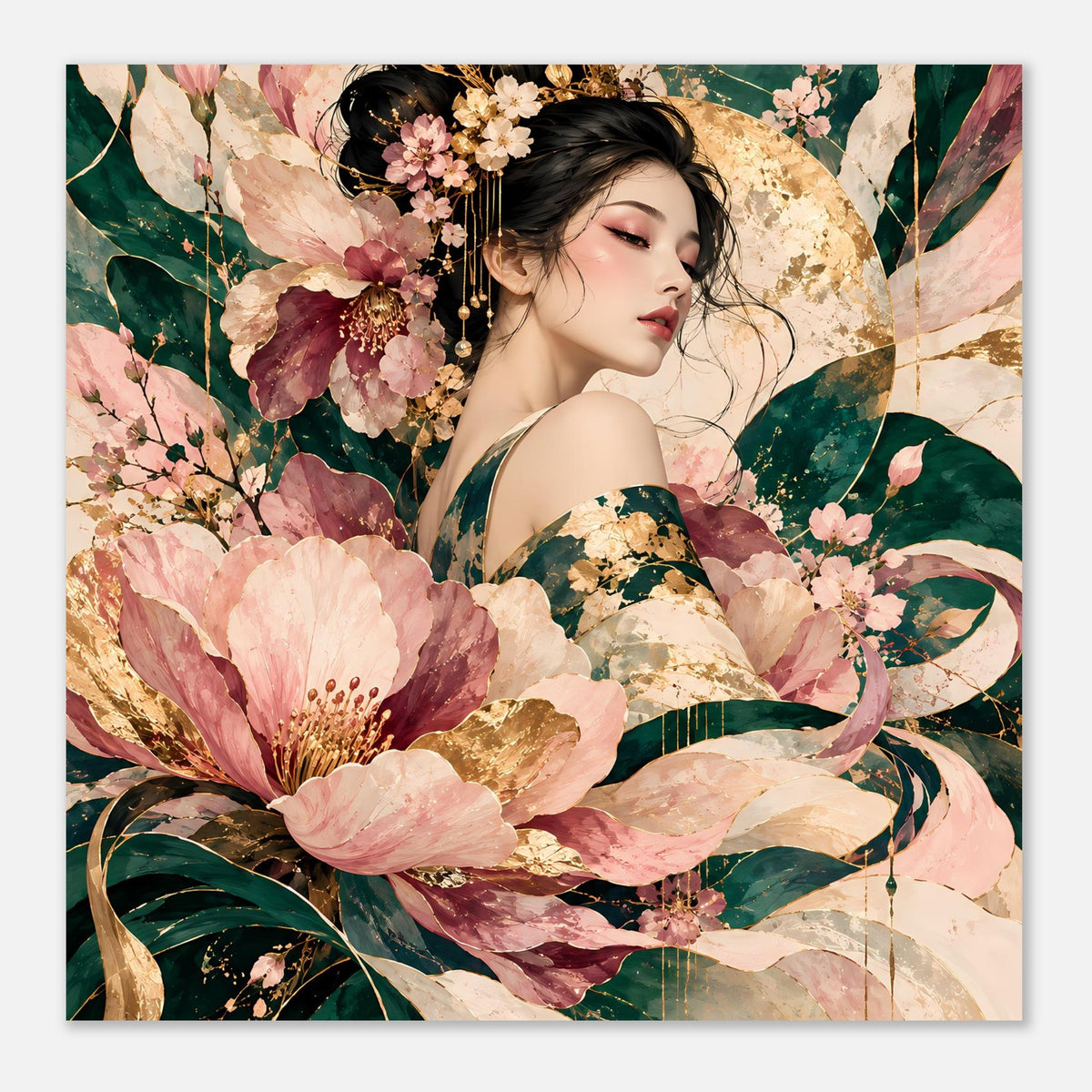 Blumenposter im Quadratformat: Frauengesicht mit Haarschmuck, rosa Blüten und grüne Blätter