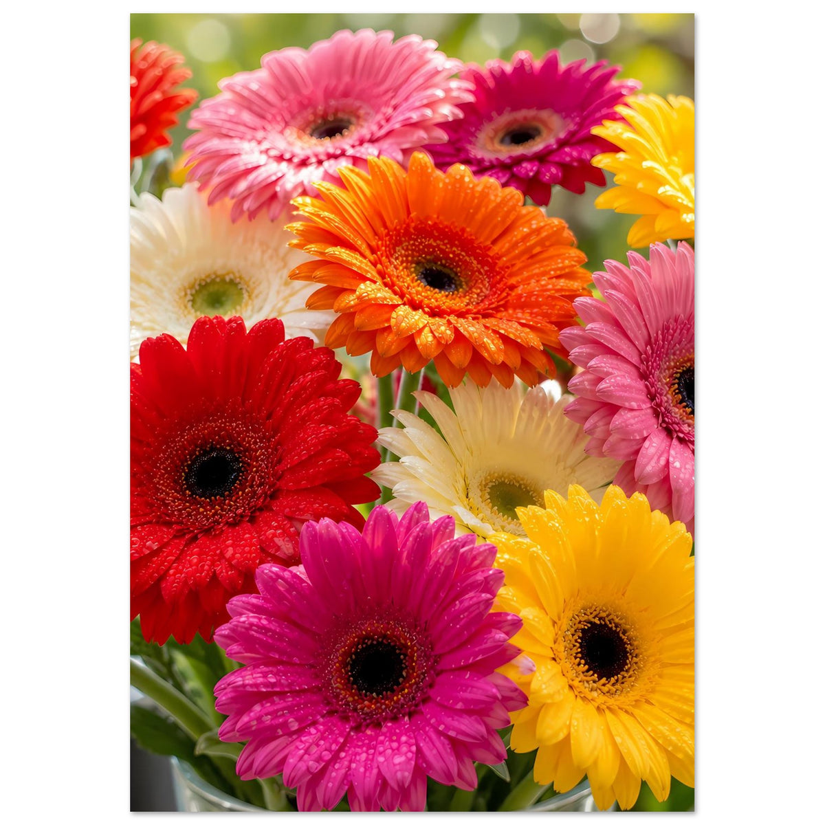 Gerbera-Blumenposter mit dichtem Blütenmix: rote, pinke, orange, gelbe und weiße Gerberas