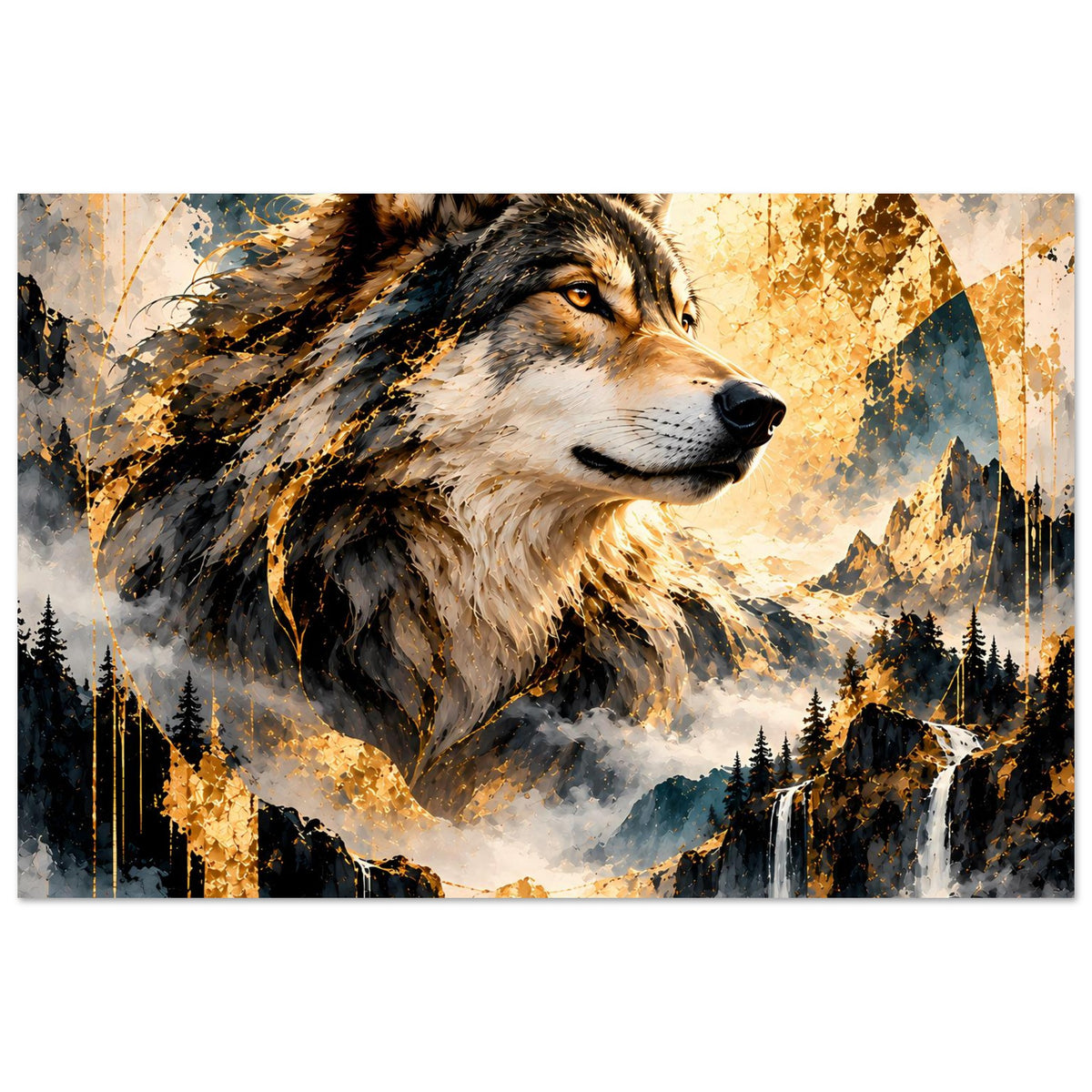 Poster im Querformat: Wolfprofil mit goldenen Highlights, Wasserfall, Wald und Berge