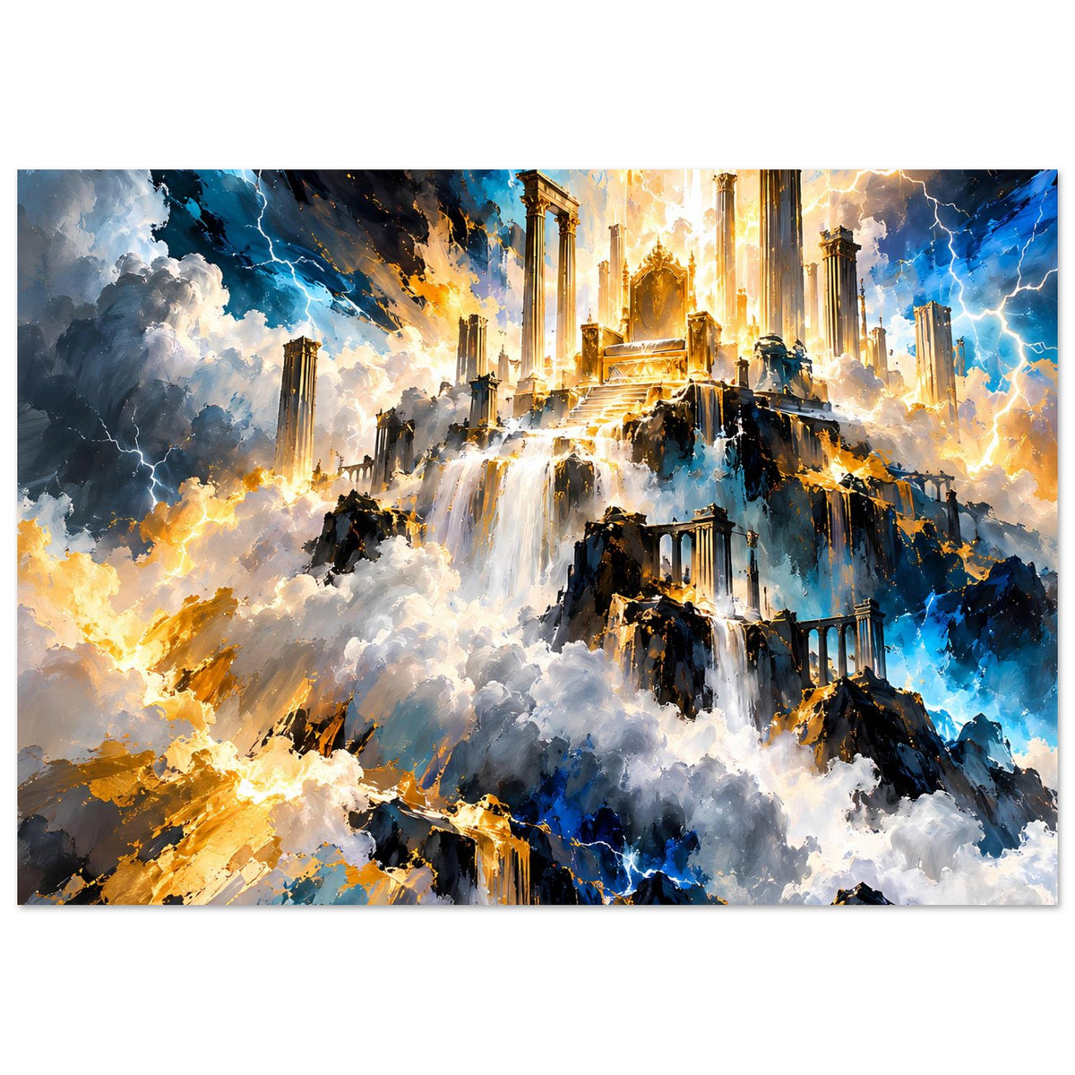 Fantasy-Poster querformat: goldene Lichtachse, blaue Himmelsschlieren, Ruinen über Wolken