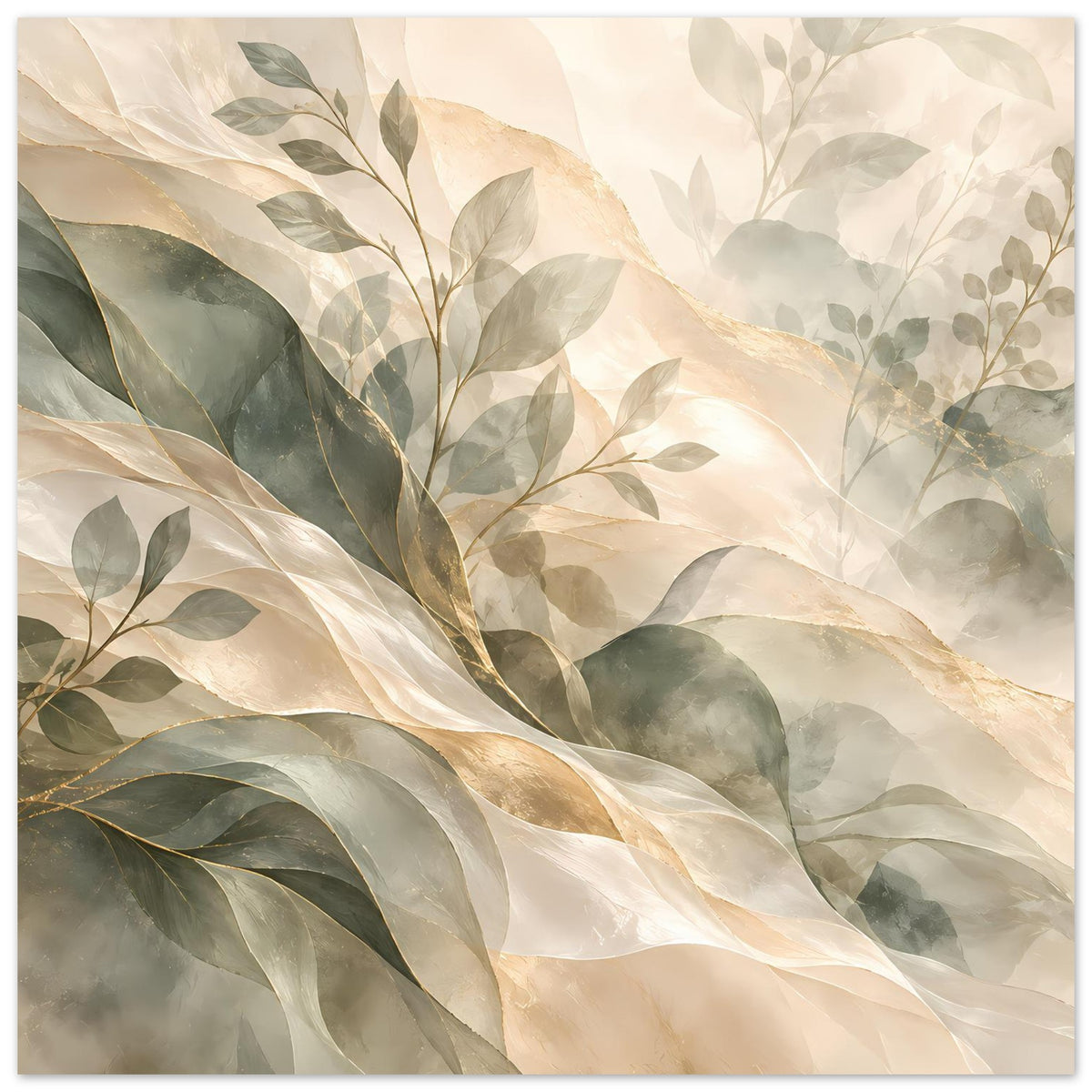 Botanisches Kunstposter mit Blättern in Salbeigrün, Creme und Gold, Querformat-Ansicht