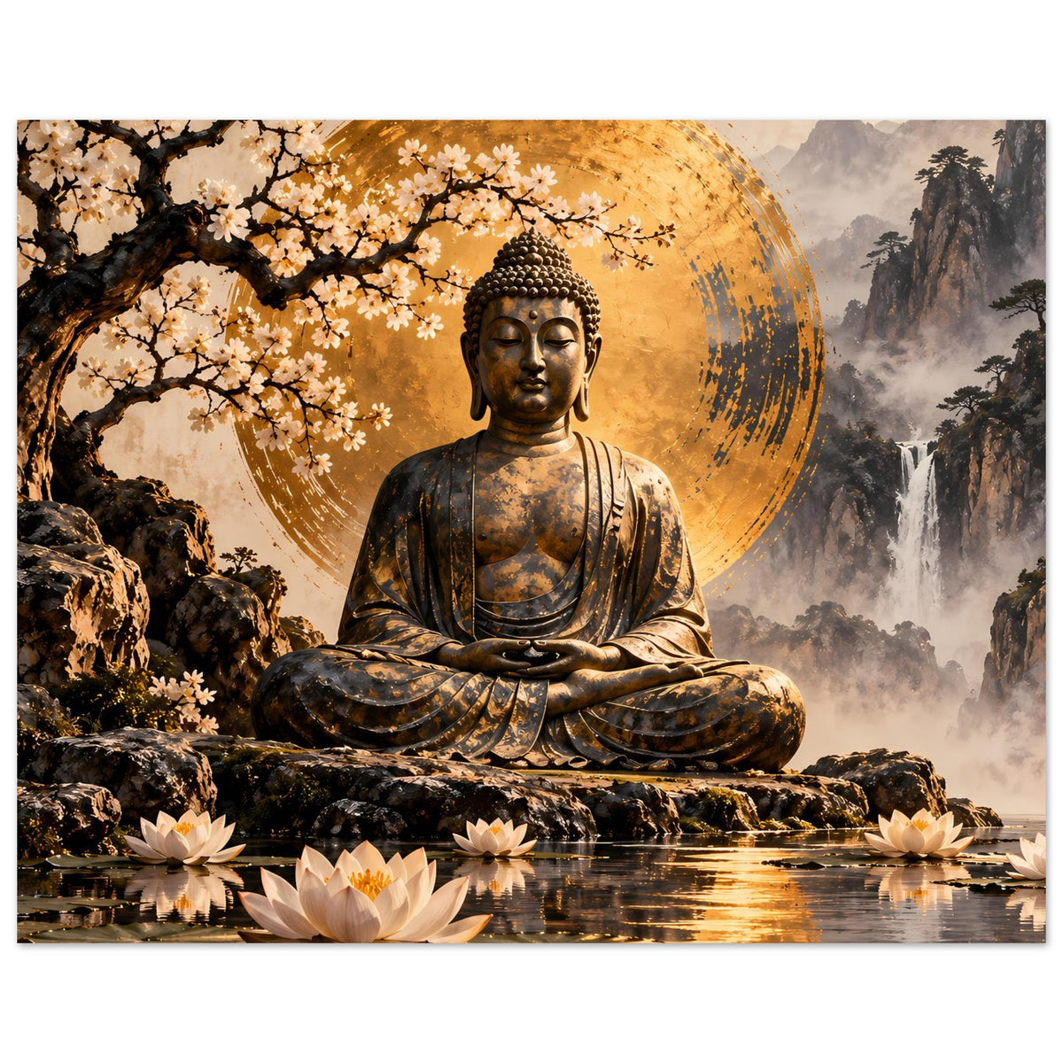 Poster: sitzender Buddha mit goldener Kreis-Aura, Kirschblüten und Lotusblumen am Wasser