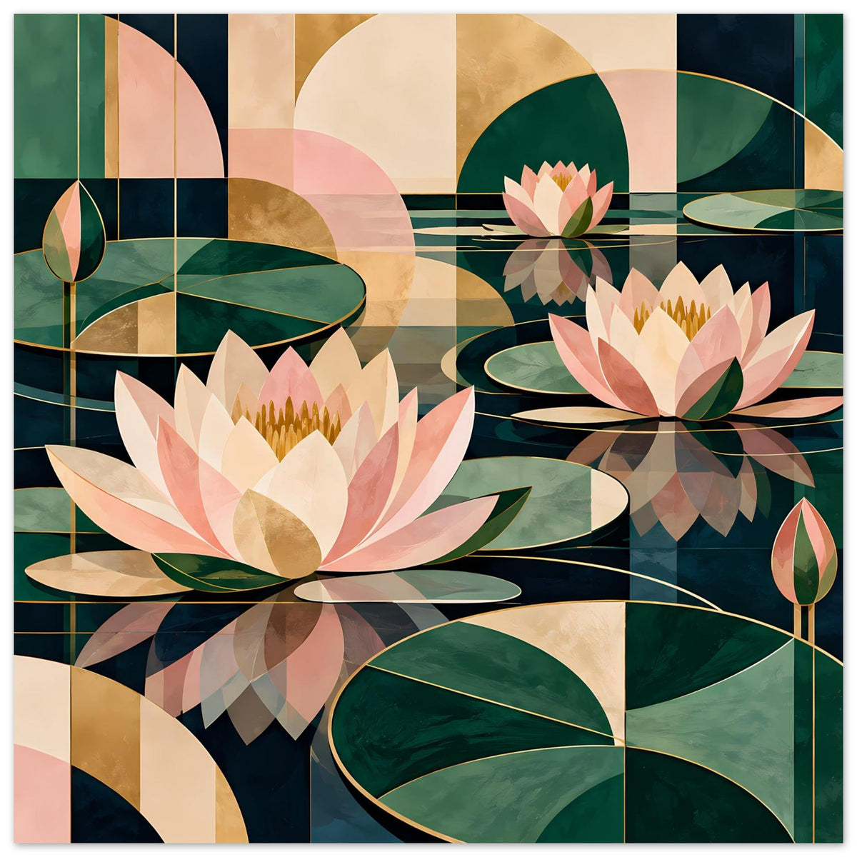 Lotus-Grafikposter im Querformat: Seerosen in Creme, Rosa und Grün auf Musterflächen