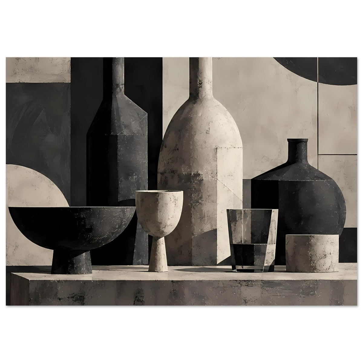Still-Life-Poster mit Flasche, Becher und zylindrischem Gefäß vor hellen Flächen