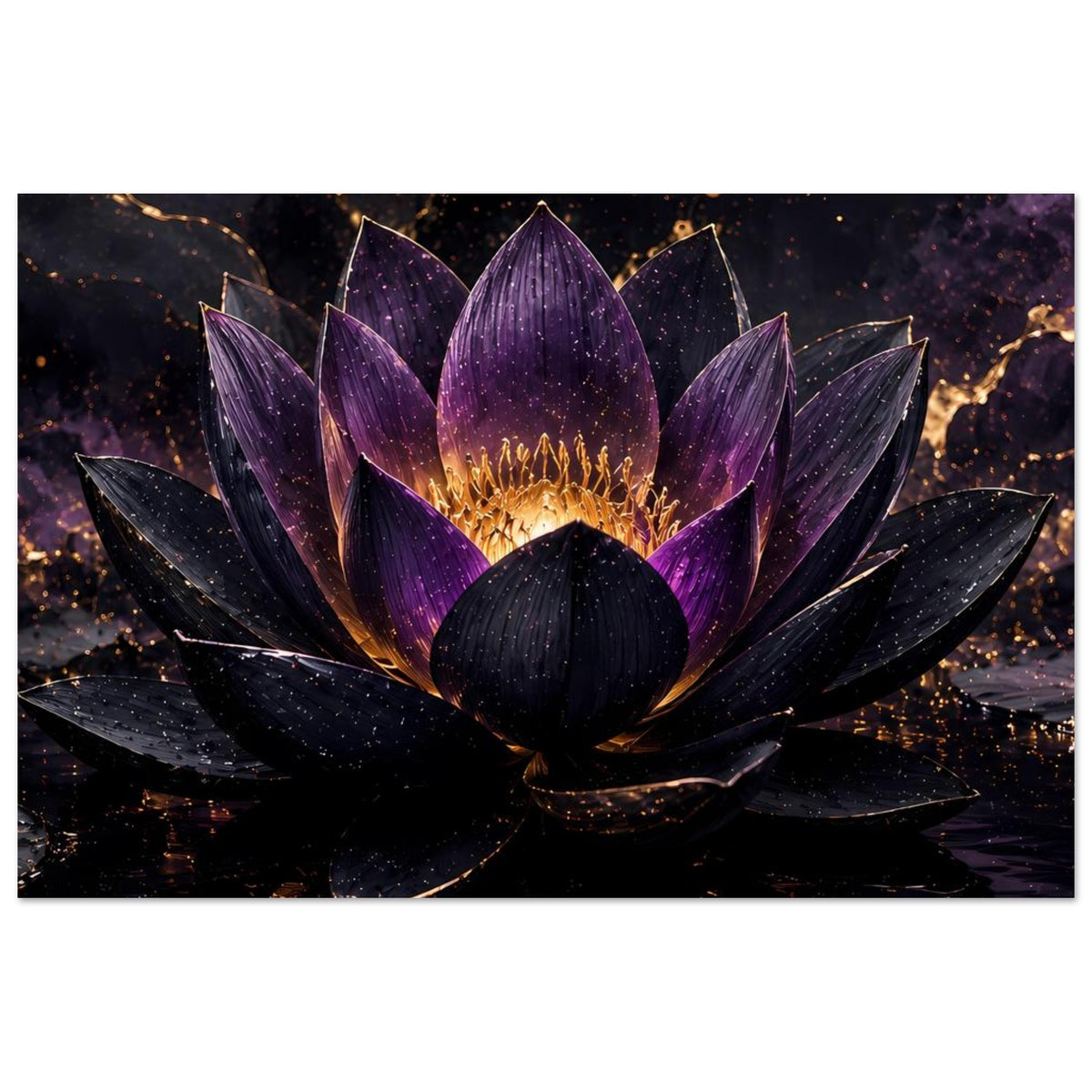 Poster mit Lotusblüte in Violett und Gold, Querformat