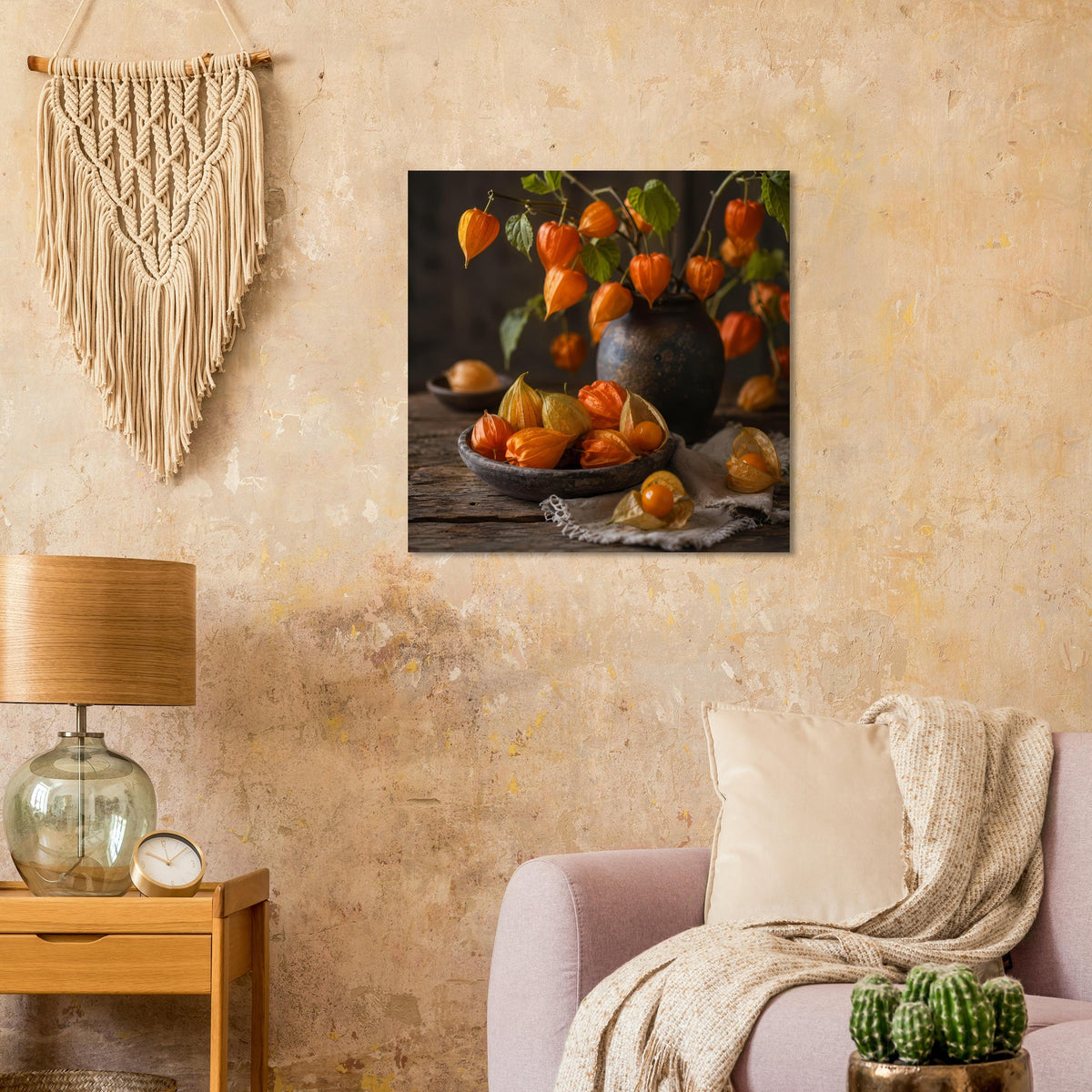 Quadratisches Wandposter: orange Beeren, dunkle Vase und Schale auf Holz mit Stoff