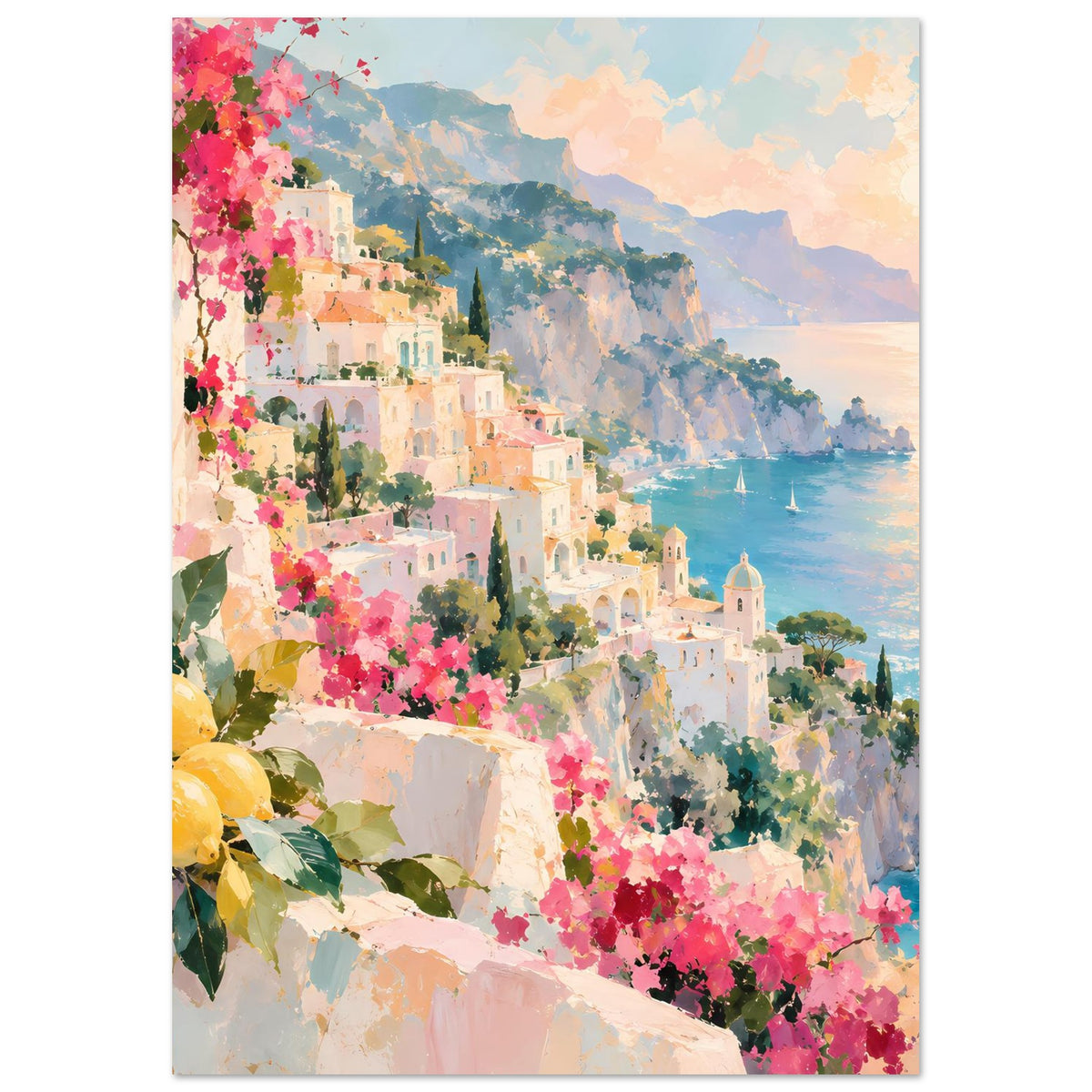 Vertikales Poster mit mediterranem Blick: weiße Häuser, pinke Blumen, Meer und Berge