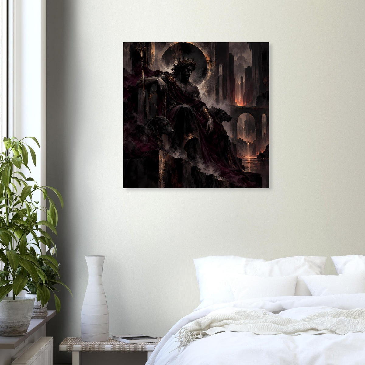 Fantasy-Poster mit gepanzerter Figur, Vollmond, rauchige Skyline und Flammen