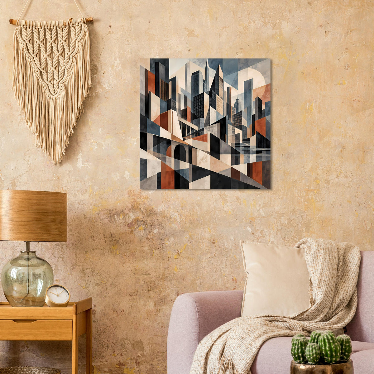Architekturposter mit geometrischer Stadtsilhouette in Erdtönen, Blau und Schwarz