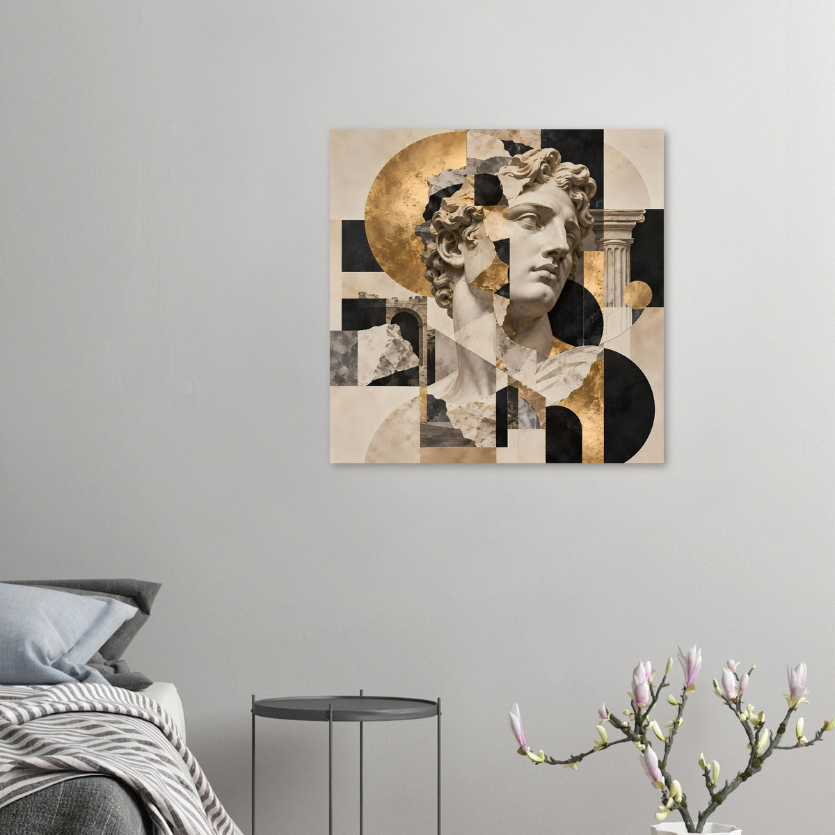 Kleines Wandposter mit klassizistischer Büste, geometrischen Flächen und Goldakzenten