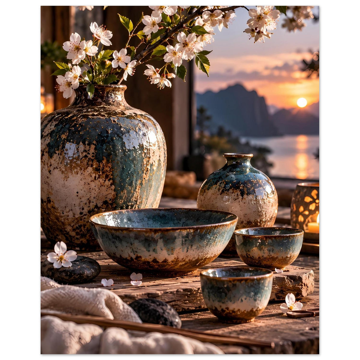 Poster mit japanischer Keramik: große Vase, Schüssel und Blumen auf Tischarrangement