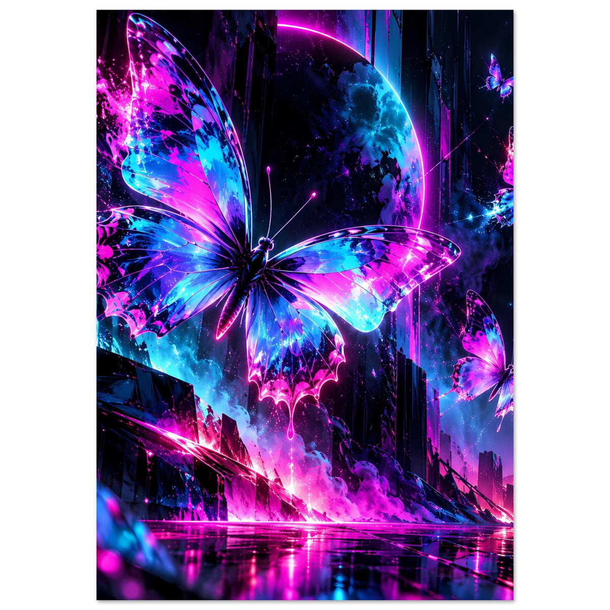 Hochformat-Poster mit Schmetterlingen im Neon-Look in Blau und Pink, klare Flügelmuster