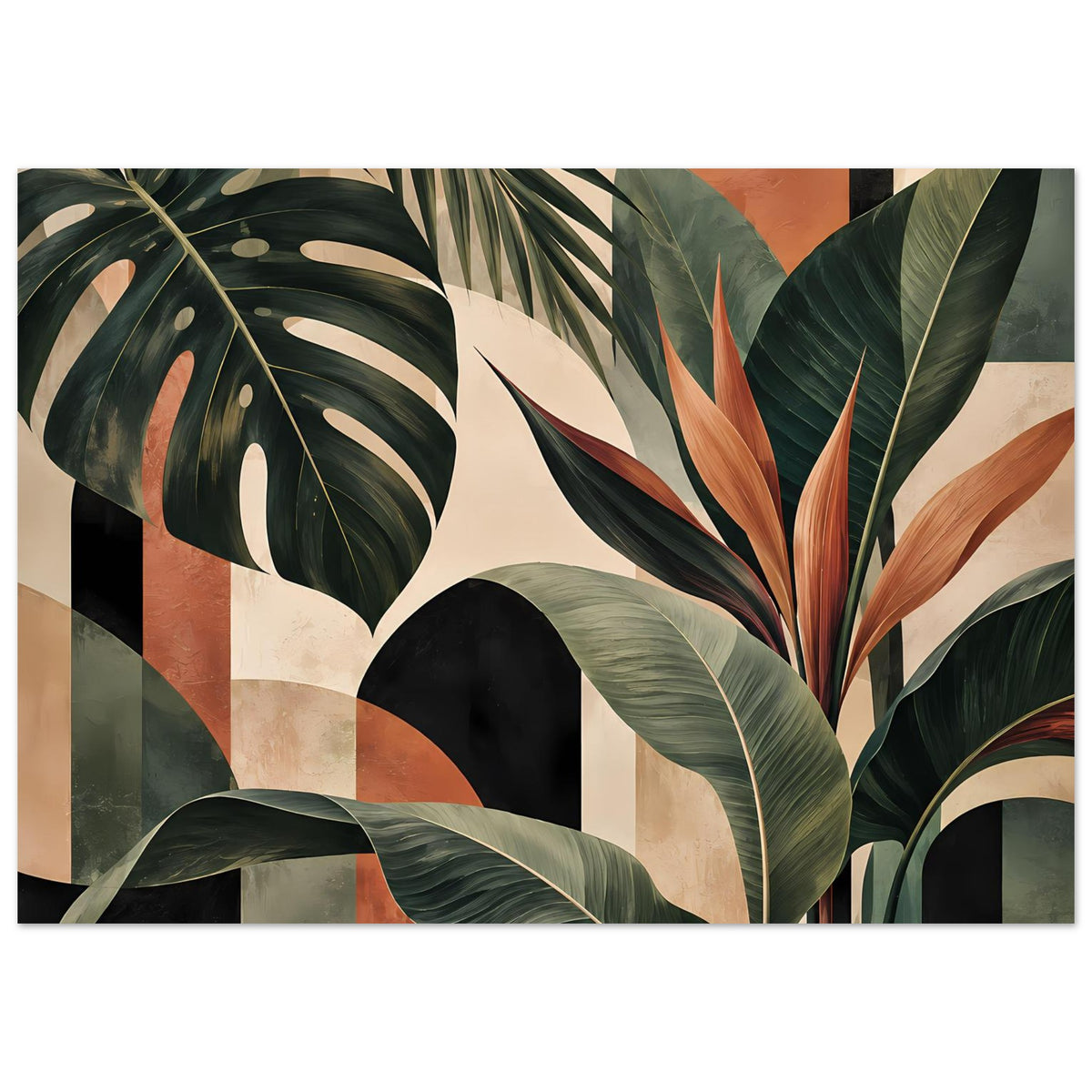 Botanisches Kunstposter mit Palmen- und Monstera-Blättern in Grün, Orange und Creme, querformat