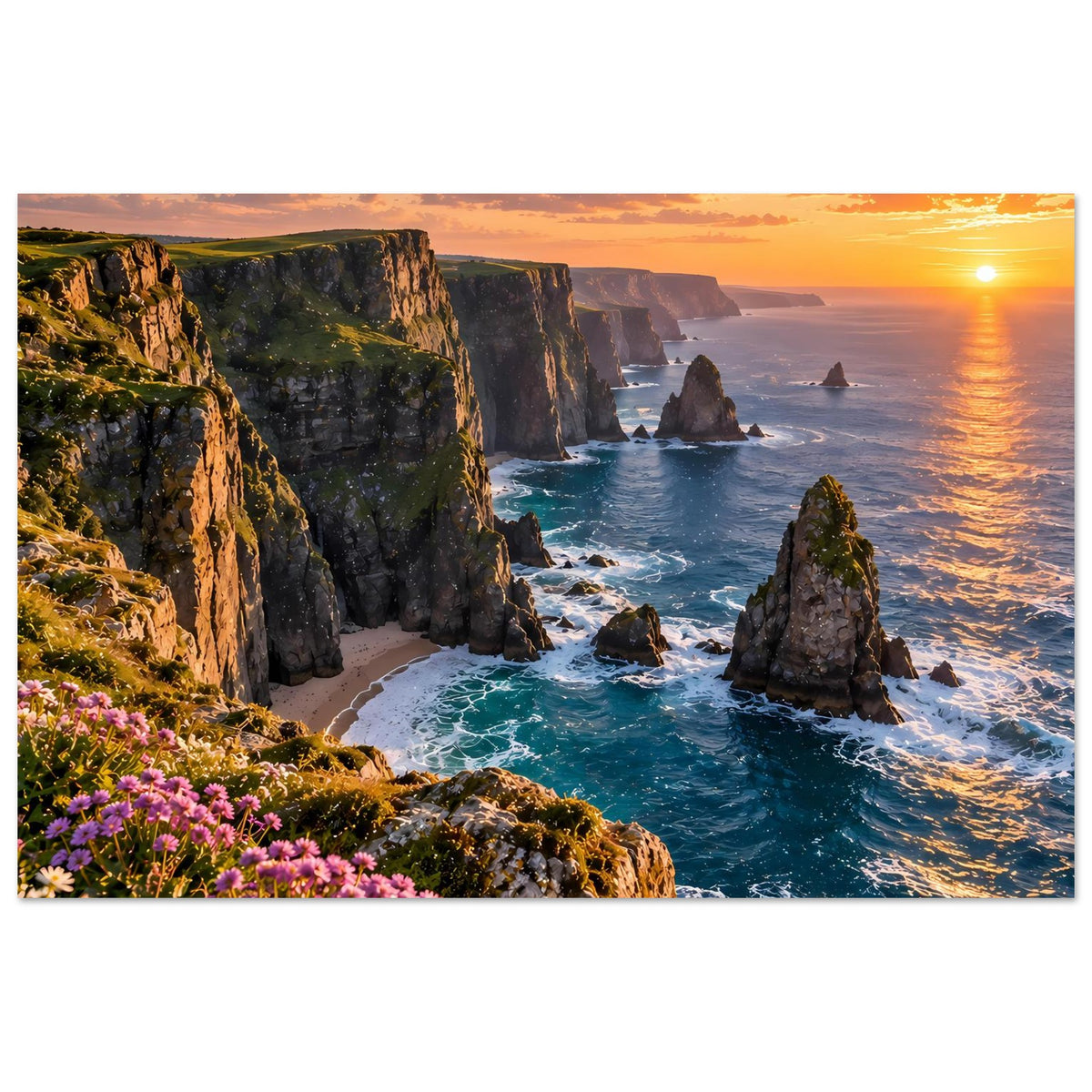 Gerahmtes Poster: Meer und Klippen bei Sonnenuntergang, pinke Blumen am unteren Rand