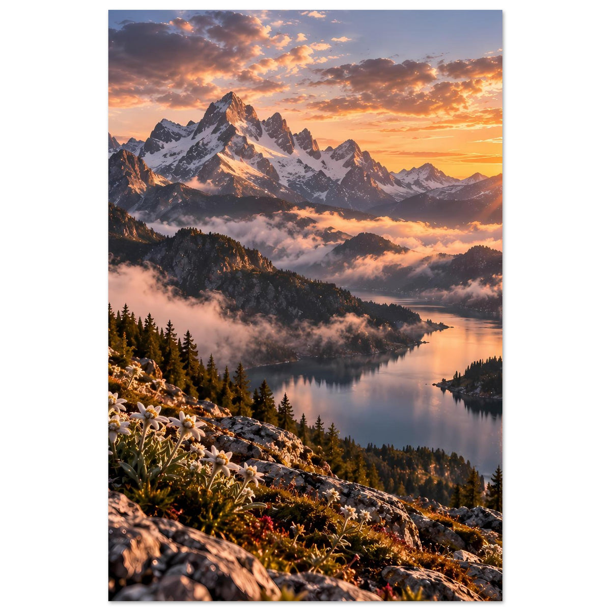 Sonnengold Poster (hochkant): Alpen mit See, Sonnenstrahlen am Himmel, Blumen am Rand