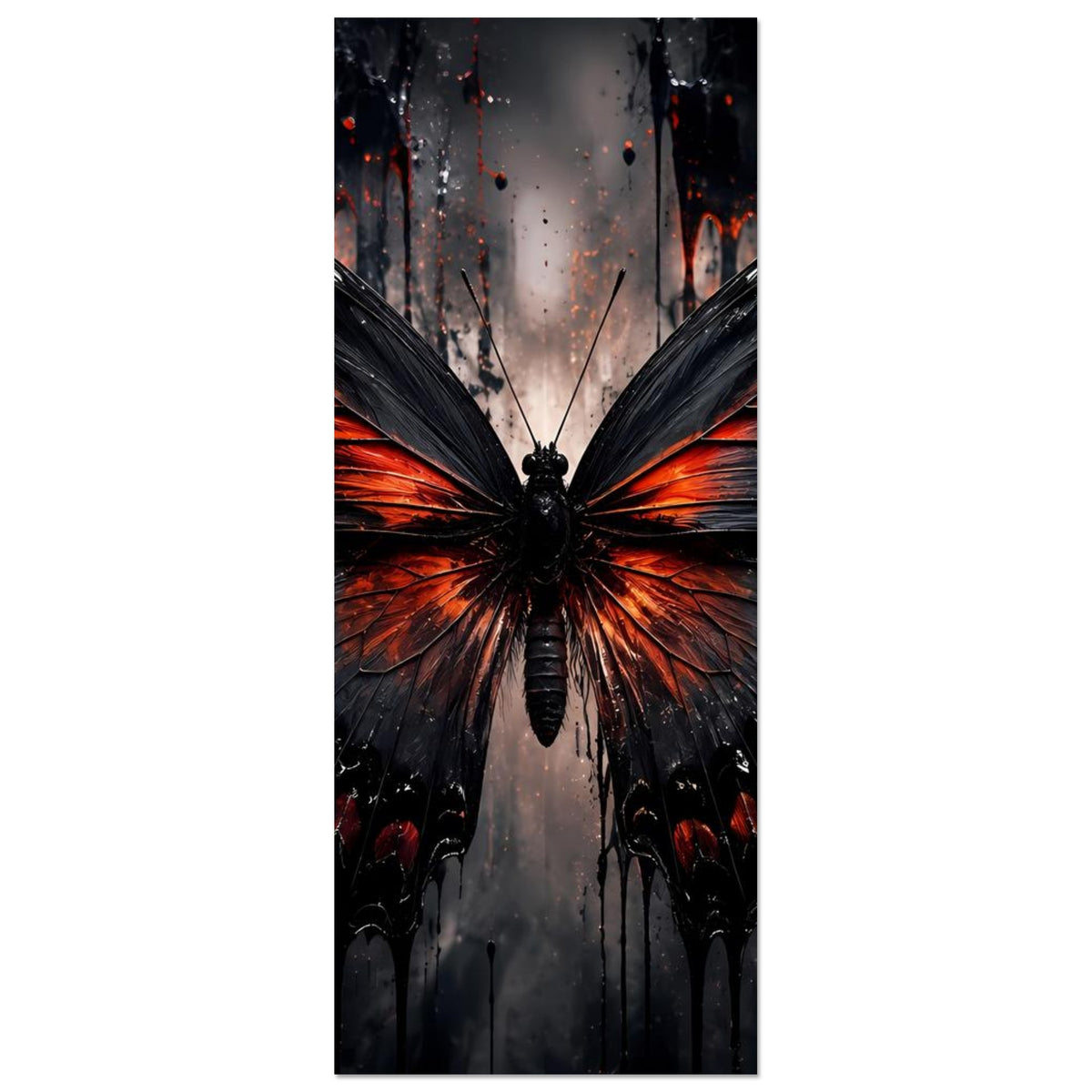 Schmetterlingsposter im Hochformat: schwarzer Schmetterling mit orange-roten Flügelakzenten