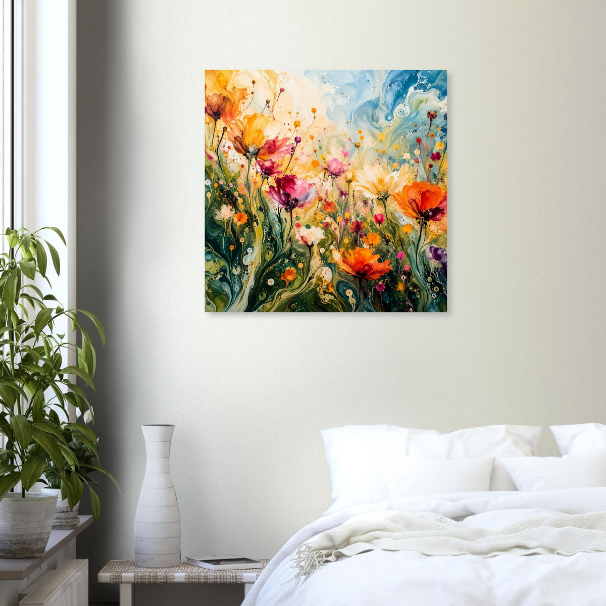 Abstraktes Blumenposter mit Blumenfeld in Orange, Pink und Grün, blau-heller Bereich oben.