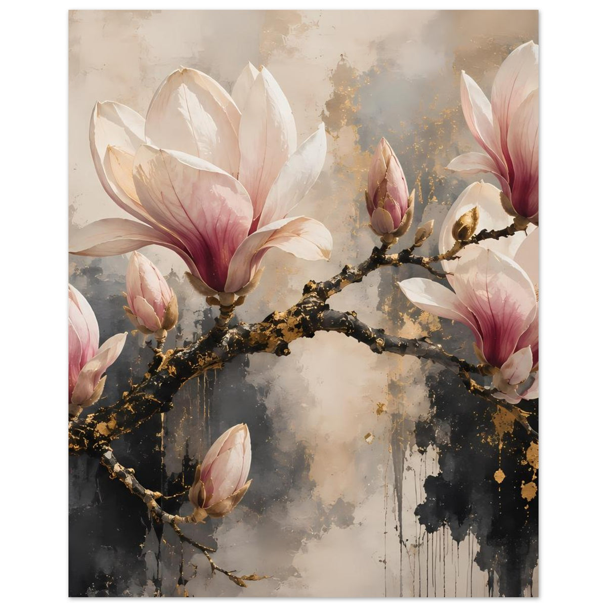Magnolienblüten-Poster mit rosafarbenen Blütenknospen, goldfarbenem Zweig und dunklem Ast