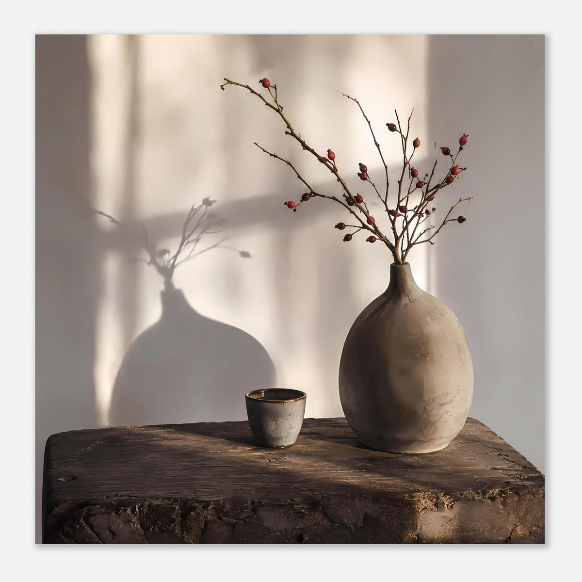Poster im Querformat: Vase mit roten Beerenzweigen, Becher auf dunkler Holzfläche