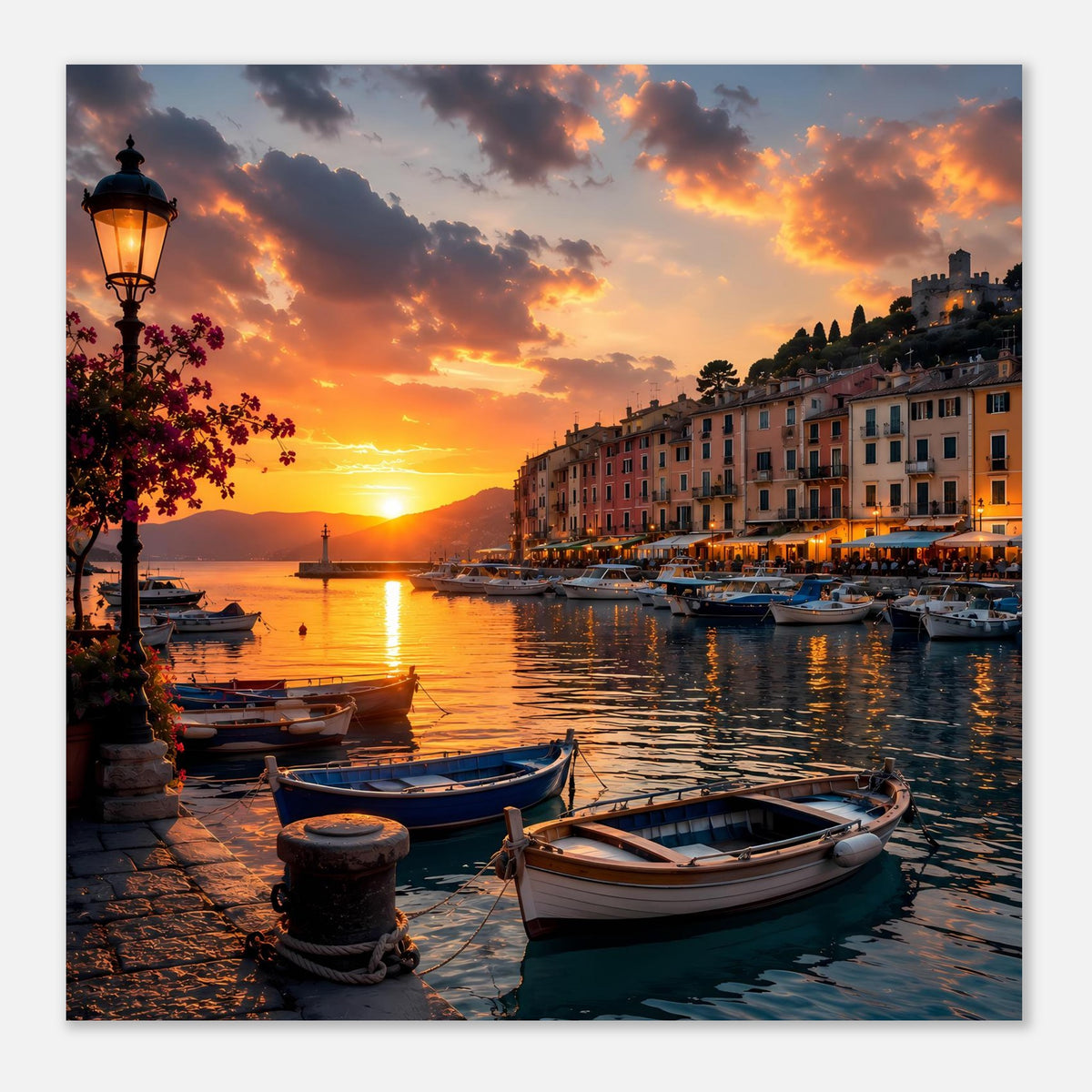 Hafenposter mit Sonnenuntergang, Booten und Uferhäusern, Laterne links am Rand