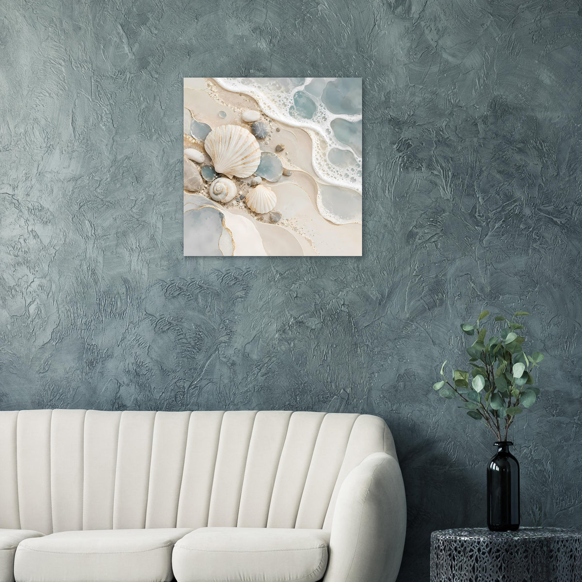 Wandposter mit Muscheln und ozeanblauen Musterflächen, sandbeige Details