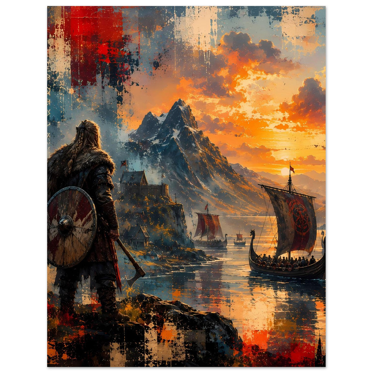 Nordisches Poster: Wikingerkrieger links mit Schild, Langschiff rechts, Sonnenuntergang über Meer