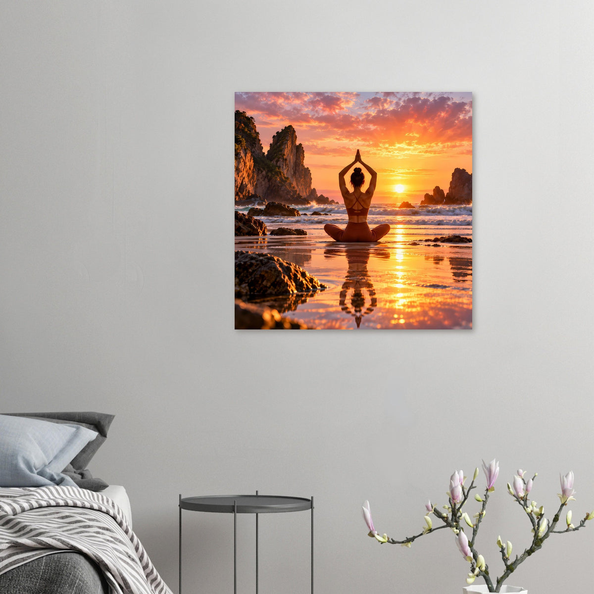 Yoga-Poster, mattes Papier (Hochformat): Lotussitz mit Abendhimmel und Sonnenreflexion
