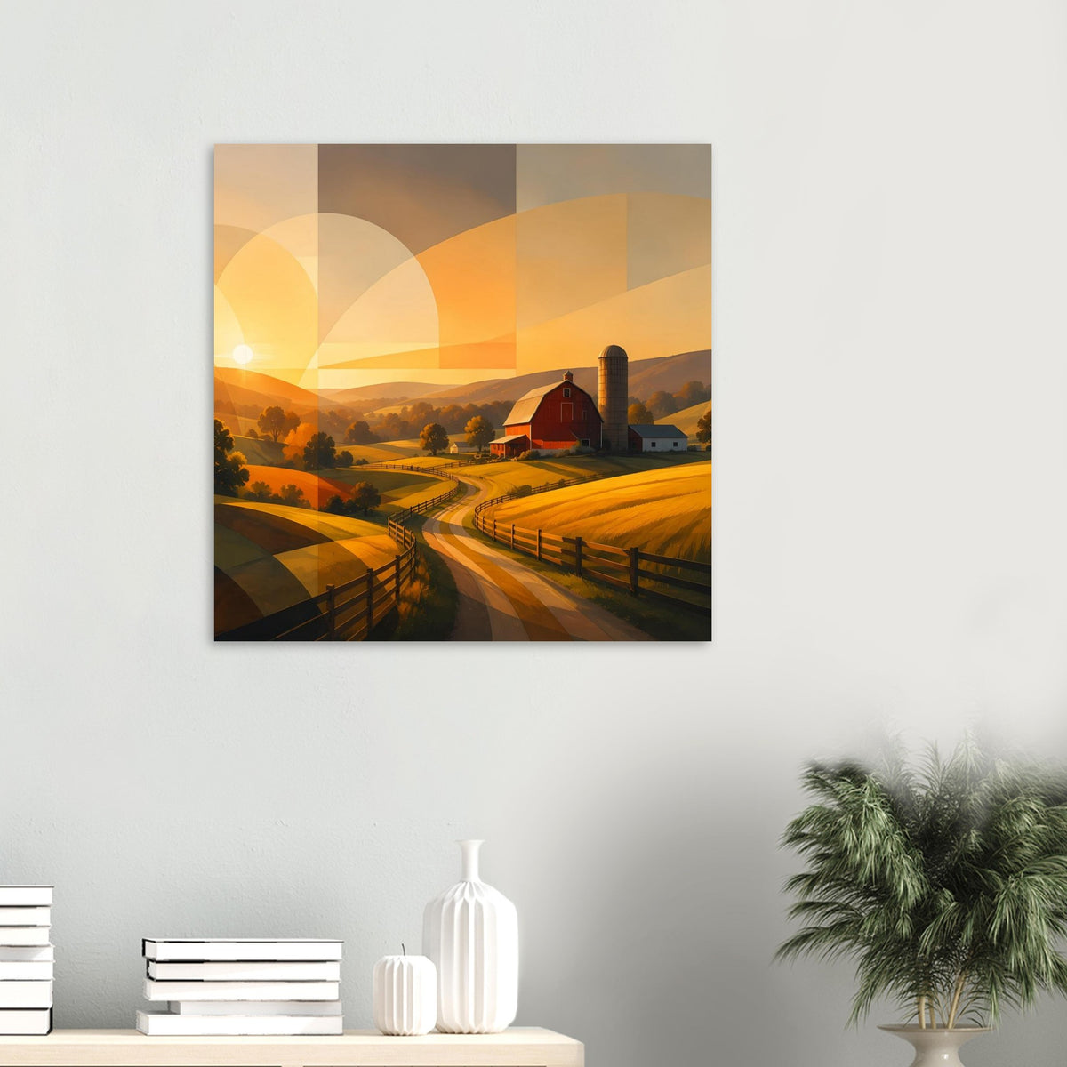Quadratisches Poster mit Landschaftsausblick: rote Scheune, Felder, Zaun und Sonnenreflexe