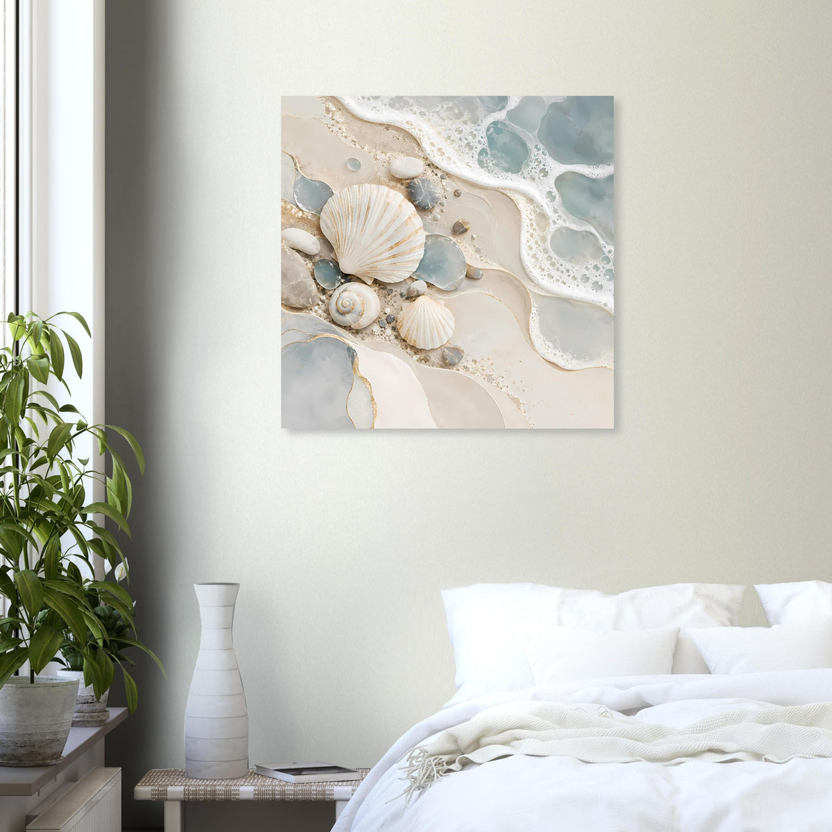 Wandposter mit Muscheln und blassblauen Schaumstrukturen auf hellem Grund
