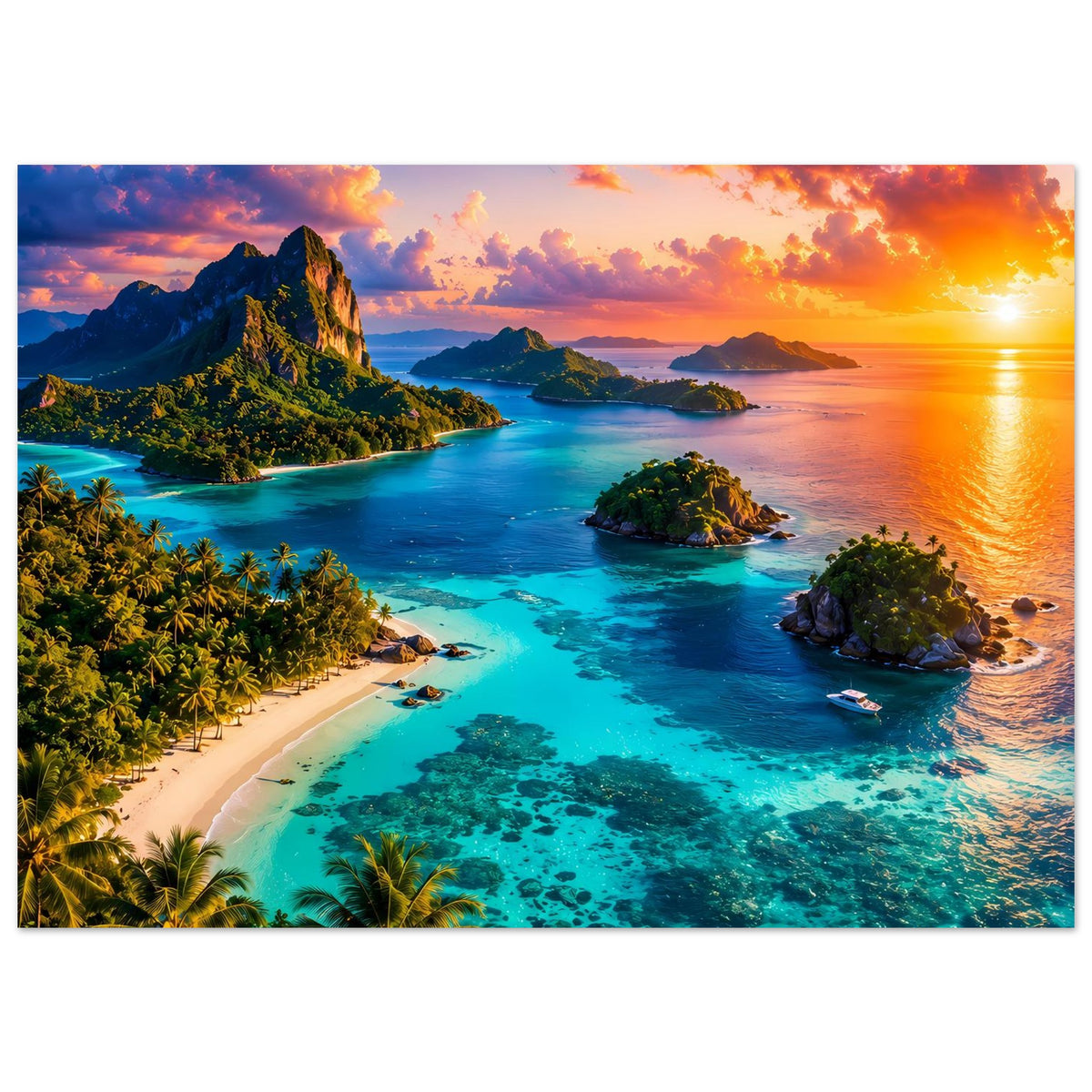 Horizontales Poster: türkisfarbene Lagune, Küste und Inseln bei Sonnenuntergang