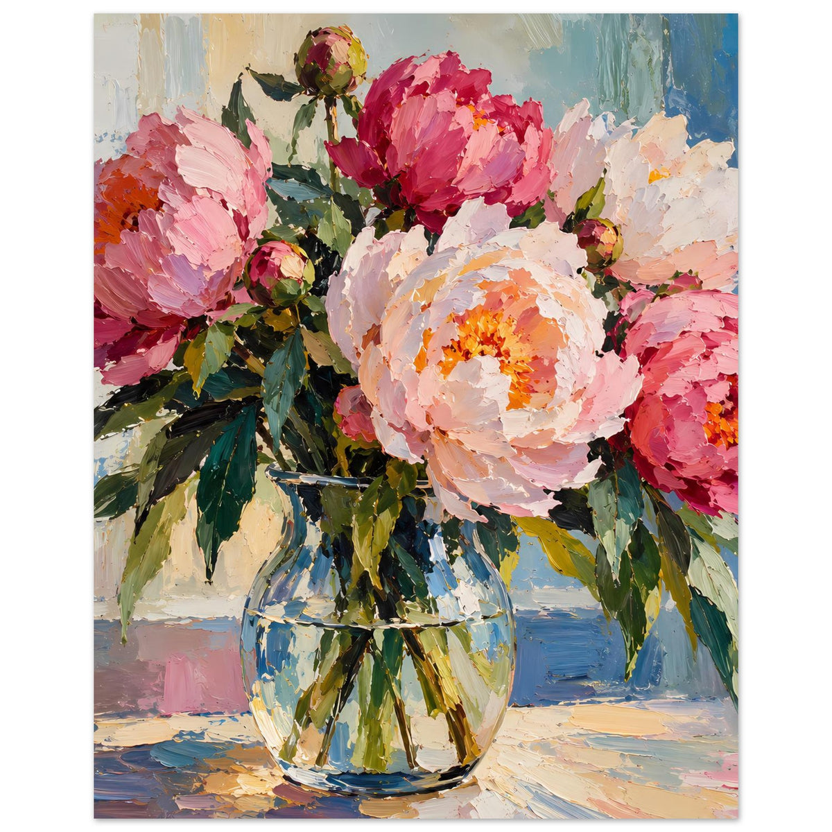 Blumenposter im Ölmalerei-Stil: Strauß aus Pfingstrosen und Knospen in Vase, Hochformat.