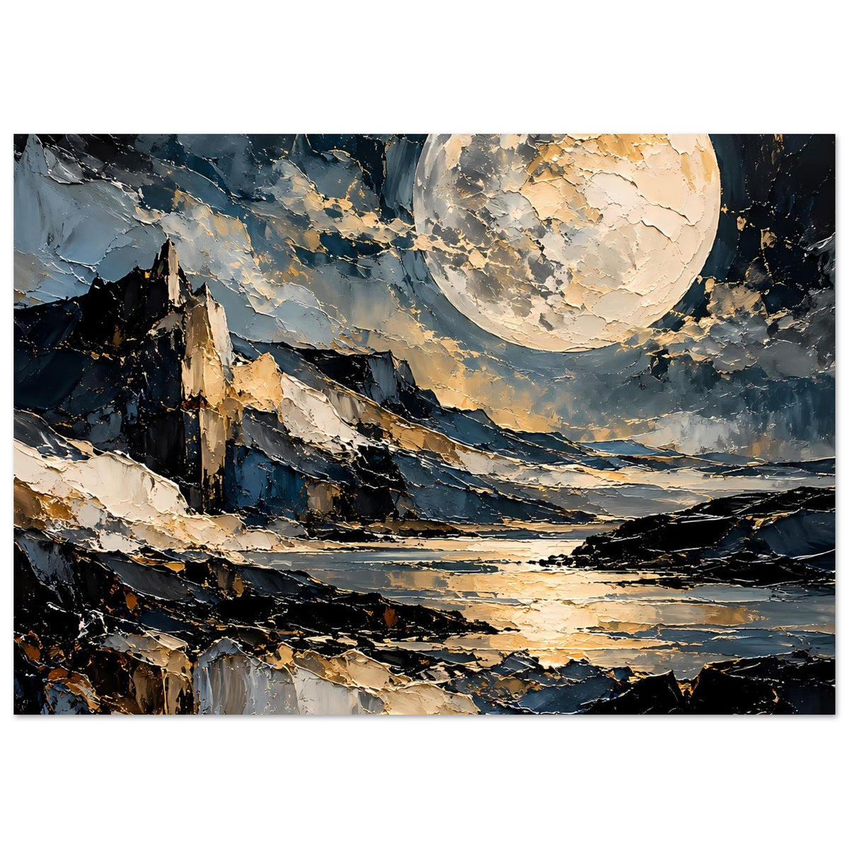 Mondschein-Poster im Querformat: goldener Vollmond über Felsenküste und See