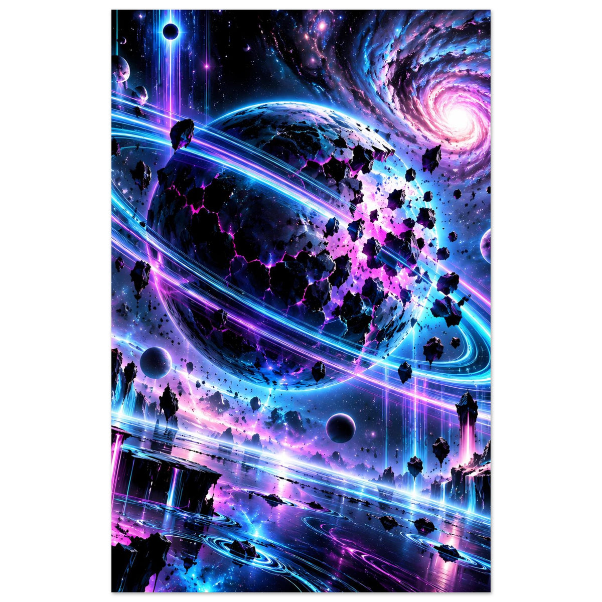 Neon-Galaxie-Poster (hochkant): violette Spiralgalaxie, Planeten, Leuchtstreifen und Raketen