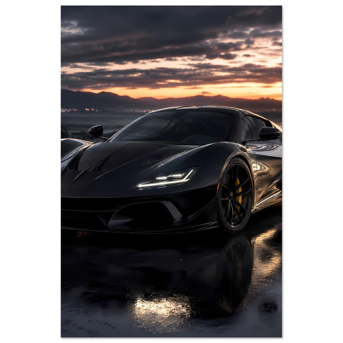 Sportwagen-Poster im Hochformat: schwarzer Supersportwagen mit goldenen Felgen