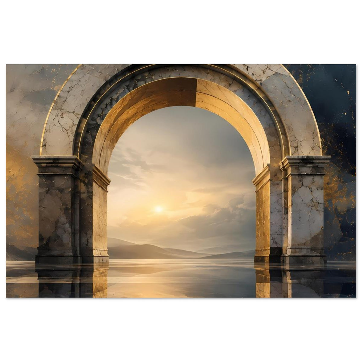 Poster mit Marmorbogen-Portal, goldener Innenöffnung, Meerhorizont und sanftem Himmel
