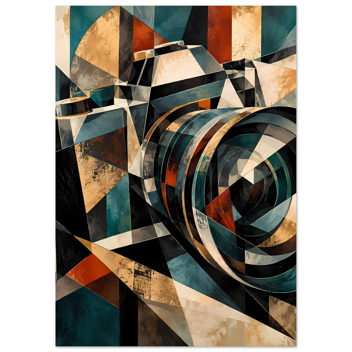 Geometrisches Kamera-Retroposter: große Kreisform mit Ringen, umgeben von Polygonen in dunklen Tönen