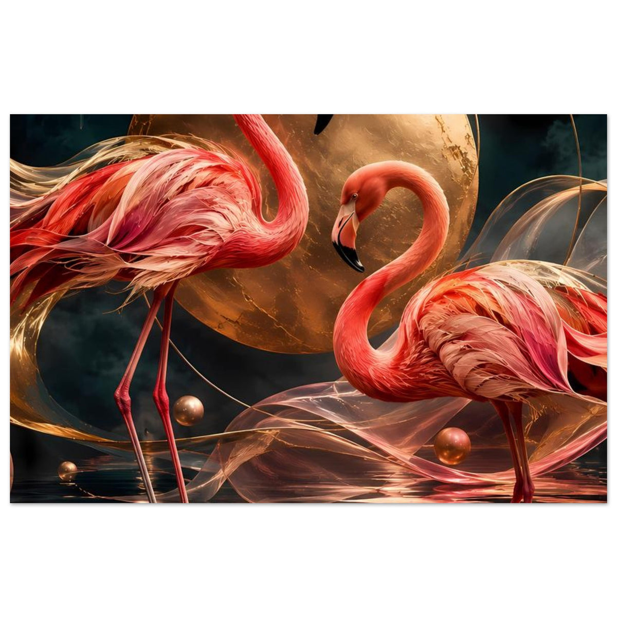 Horizontales Kunstposter: zwei pinke Flamingos vor goldener Mondkugel und goldenem Wasser